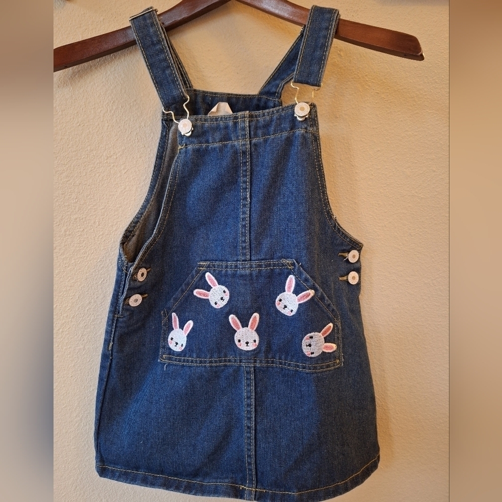 Denim Overall Dress Embroidered Bunnies Girls size L 5/6